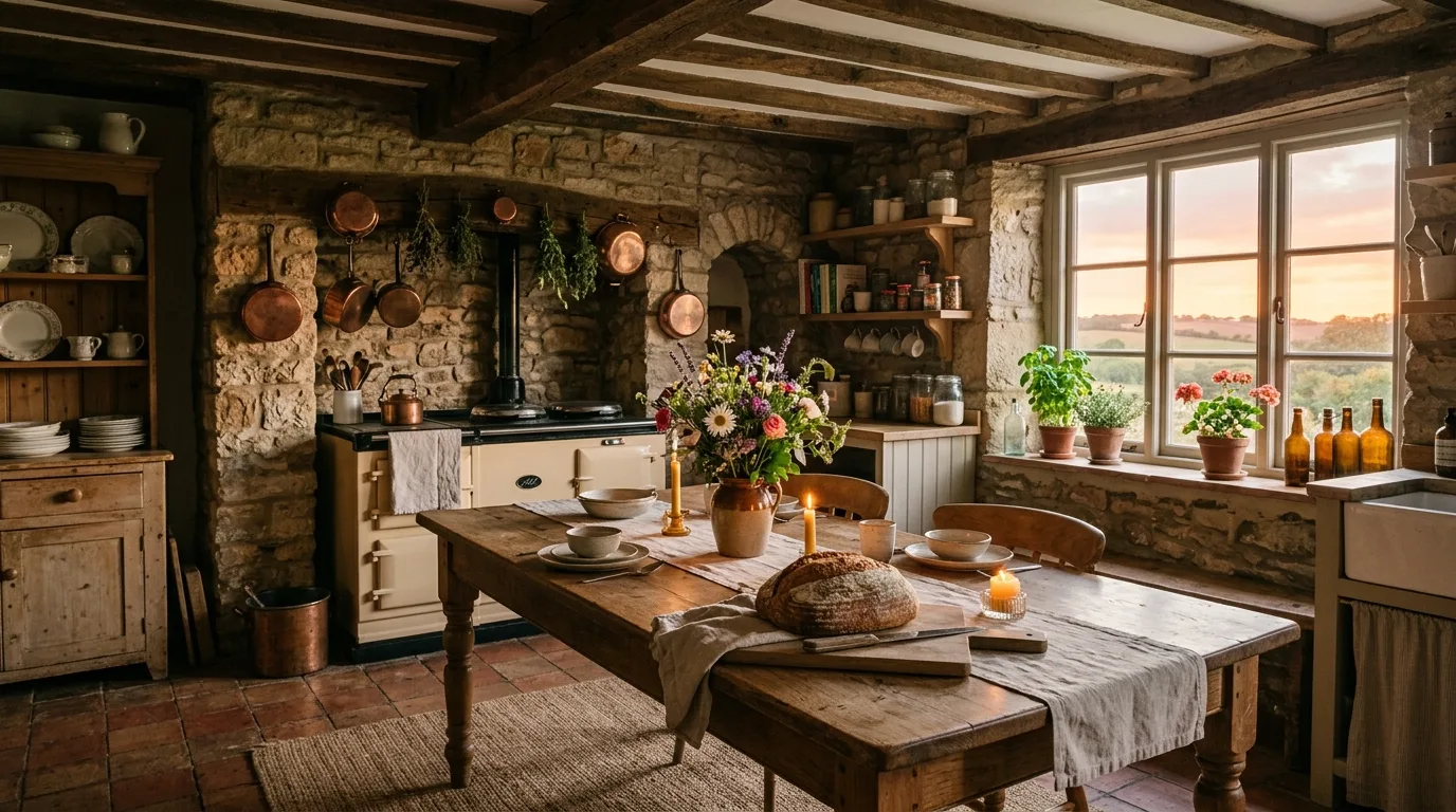 A cottagecore kitchen with freestanding hutch floral runner and basket produce storage, no people