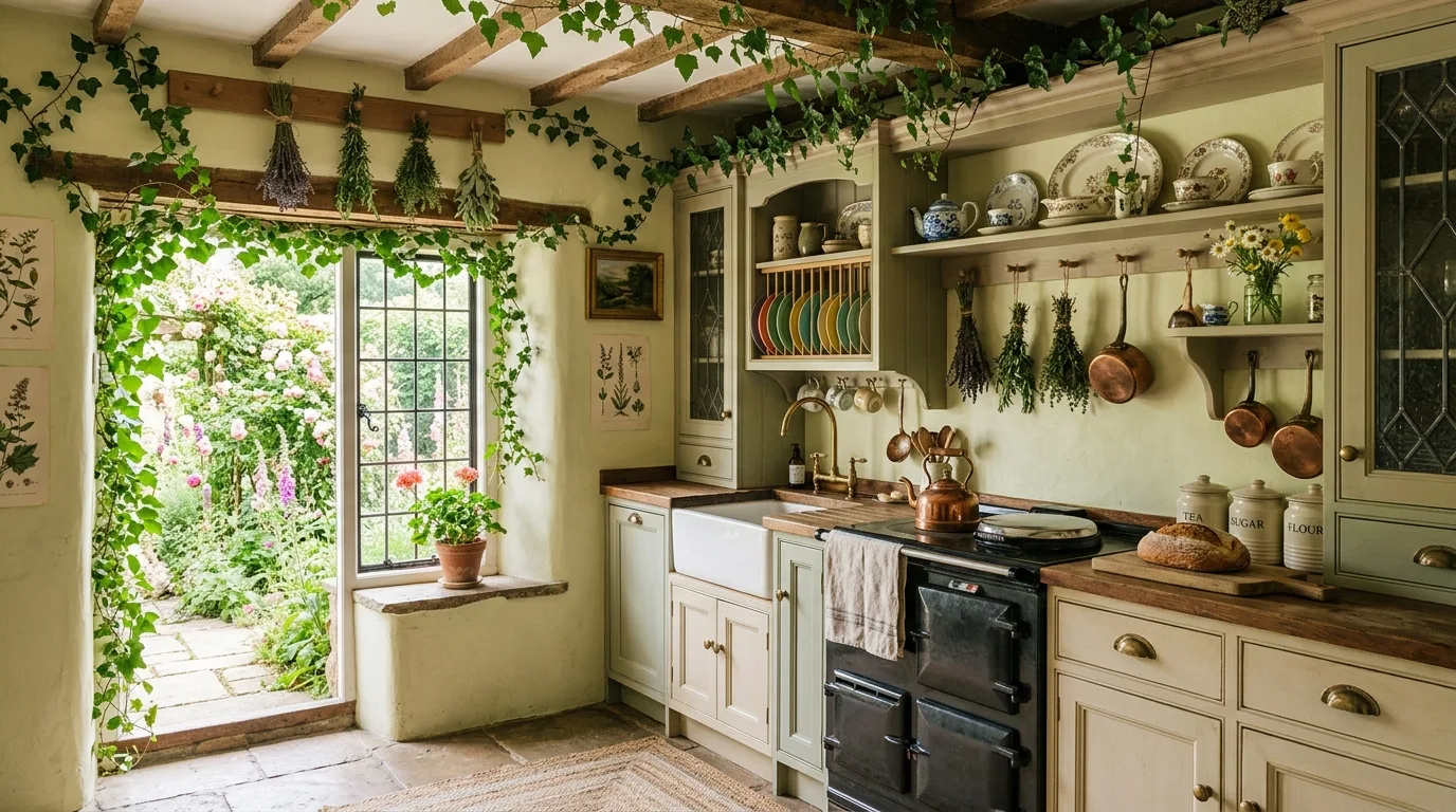 A charming cottagecore kitchen nook with soft pink tones copper pans and reading chair, no people