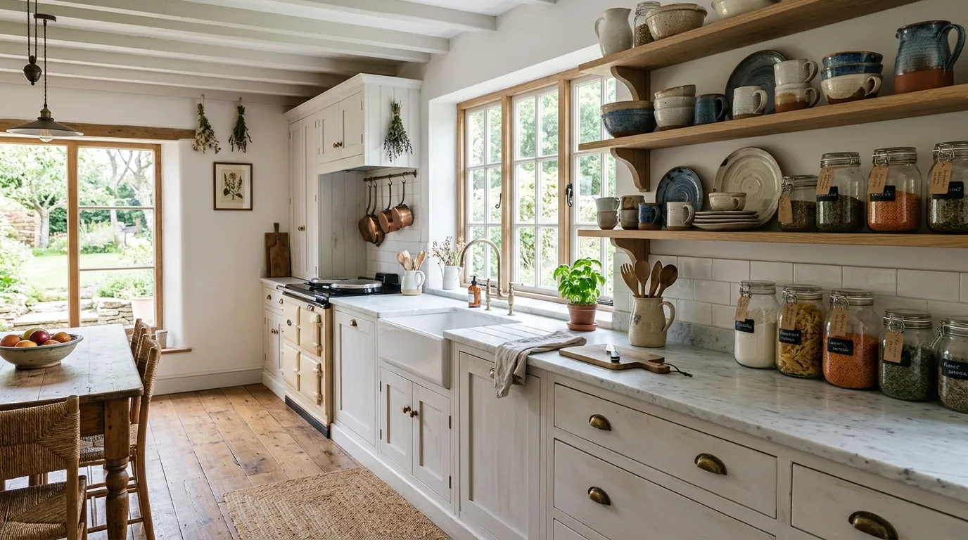A garden facing cottagecore kitchen with potted herbs linen towels and old wood shelves, no people