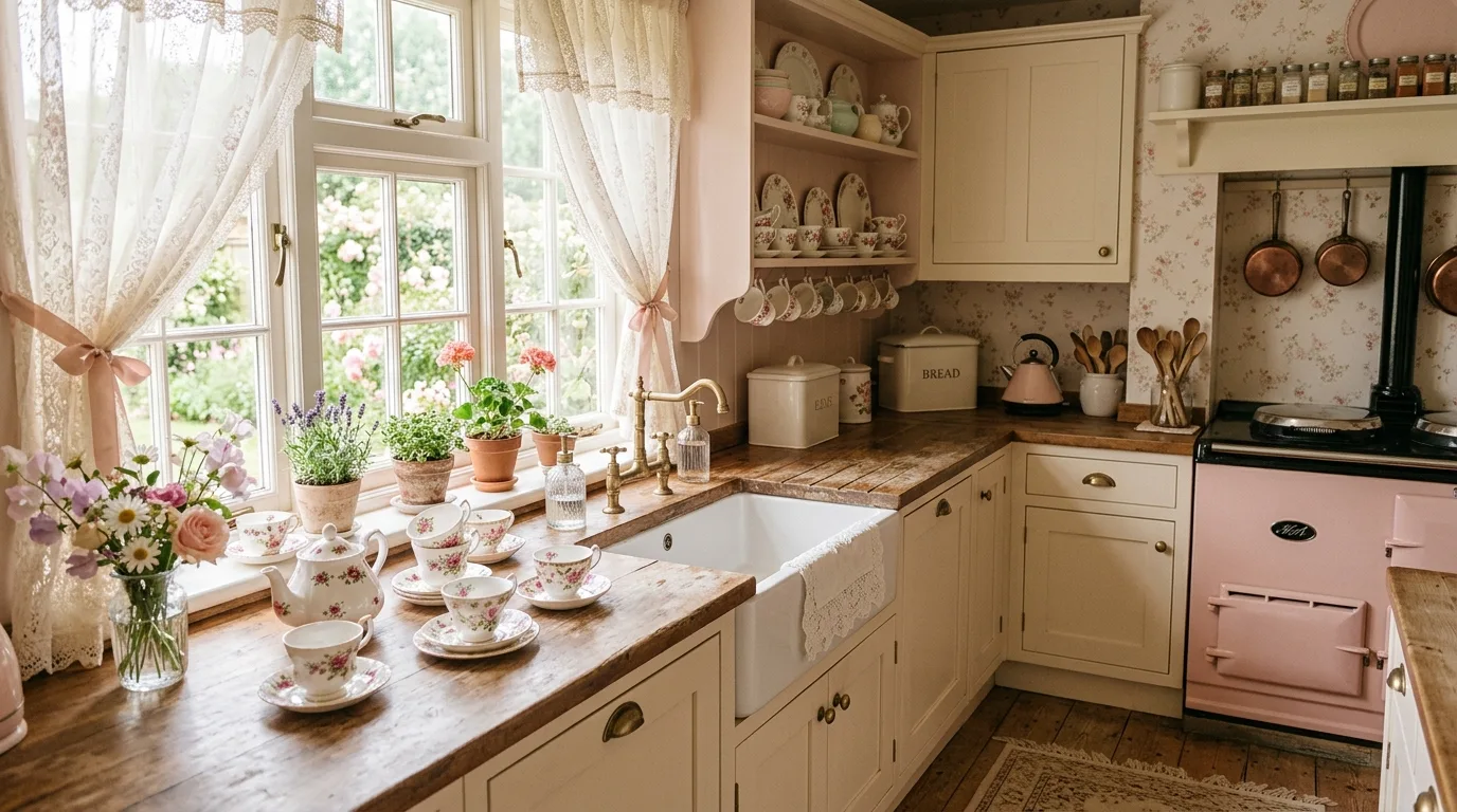 A small charming cottagecore kitchen with floral wallpaper border and mug pegs, no people