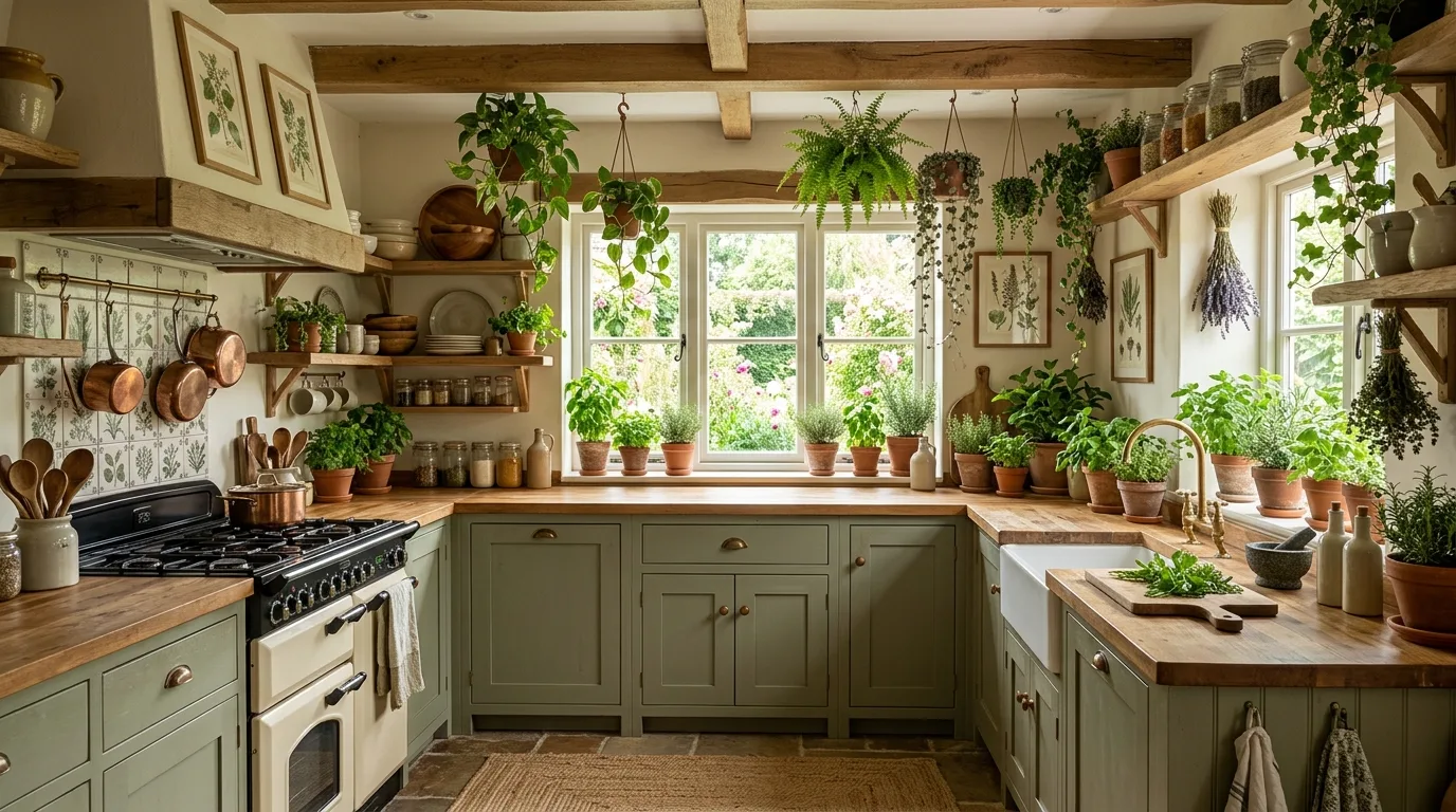 A white beadboard cottagecore kitchen with berry bowls and ruffled cafe curtains, no people