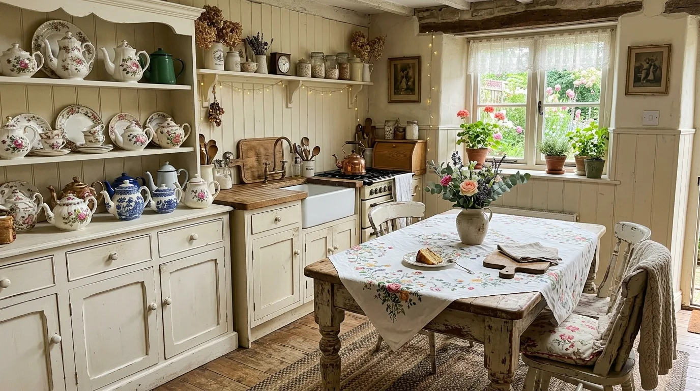 A rustic cottagecore kitchen with brick floor hanging garlic and weathered cabinets, no people