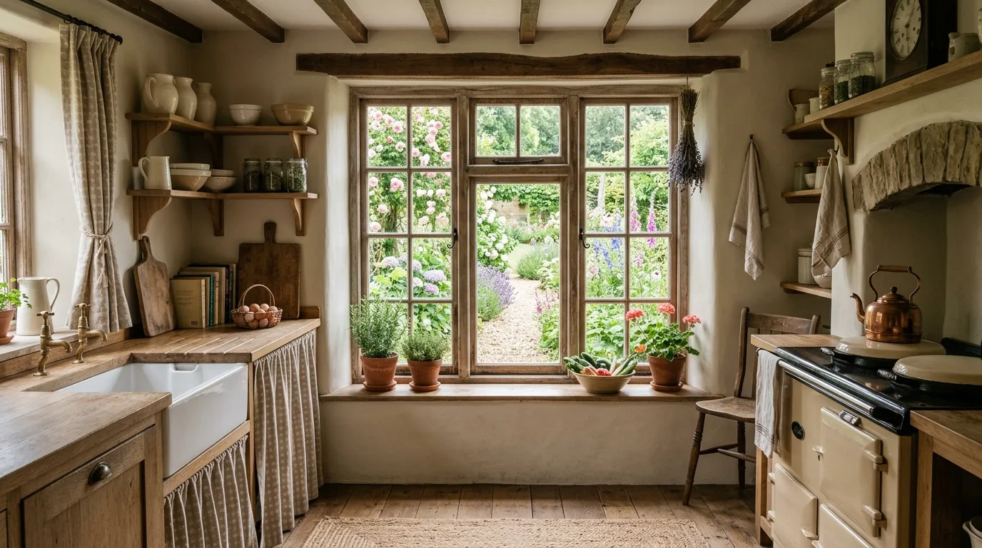 A tea centered cottagecore kitchen shelf with china stacks wildflowers and framed art, no people