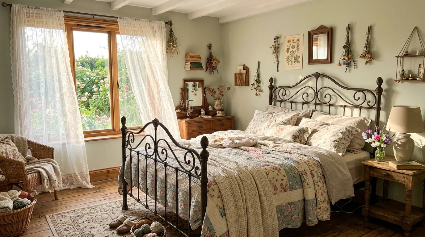 A dreamy cottagecore bedroom with iron bed floral quilts lace pillows and cream walls, no people