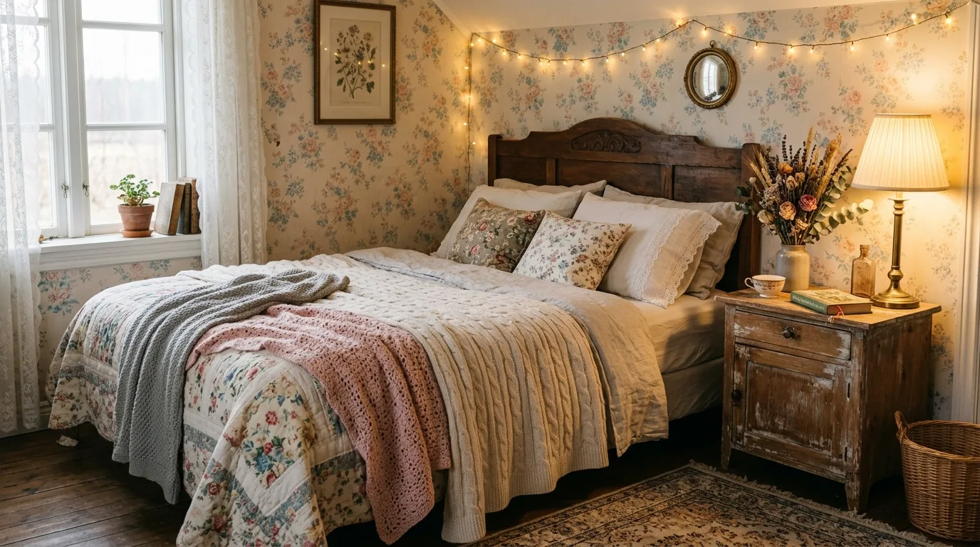 A dreamy cottagecore bedroom window corner with ruffled curtains vintage chair and books, no people
