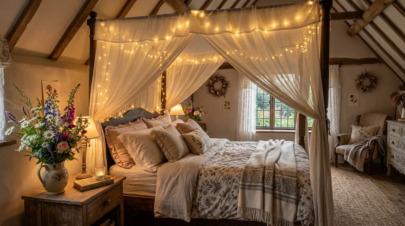 A cottagecore bedroom in blush with painted dresser botanical prints and roses, no people