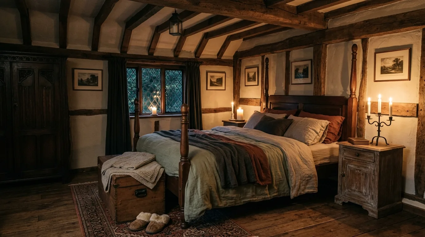 A dreamy attic cottagecore bedroom with patchwork bedding and warm lamp glow, no people