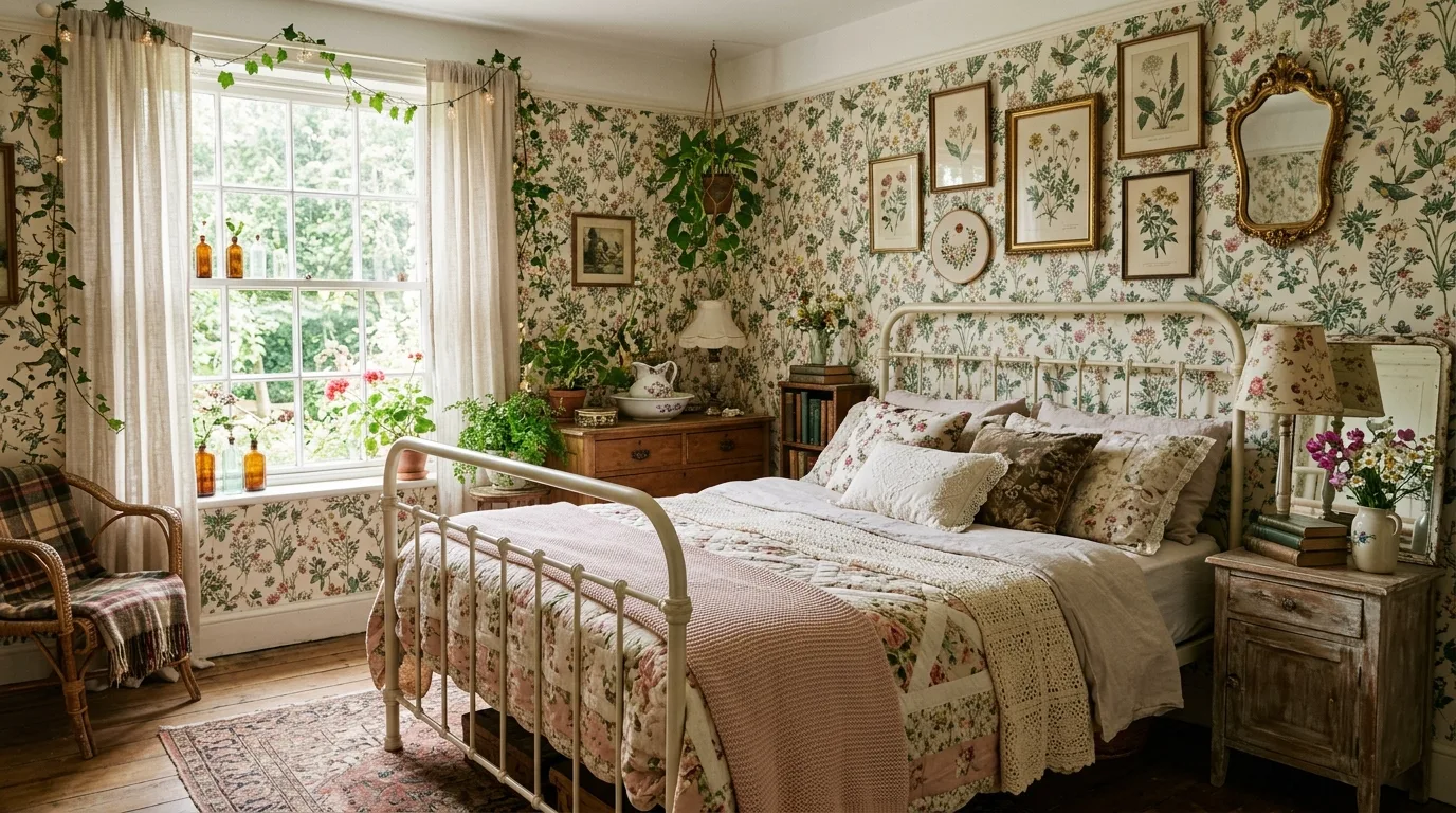 A sage green cottagecore bedroom with cane headboard wildflower art and soft linens, no people