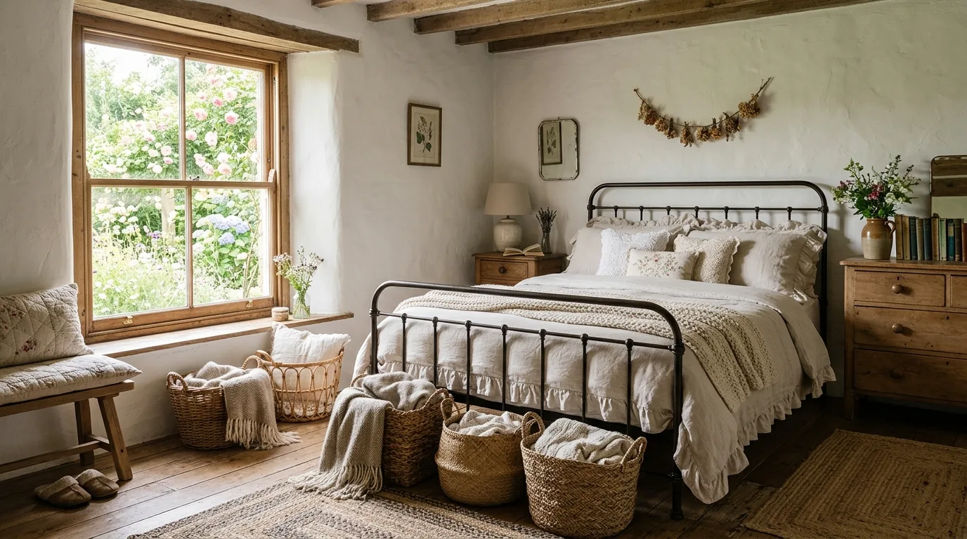 A dreamy cottagecore bedroom with gauzy canopy curtains vintage mirror and wood stool, no people