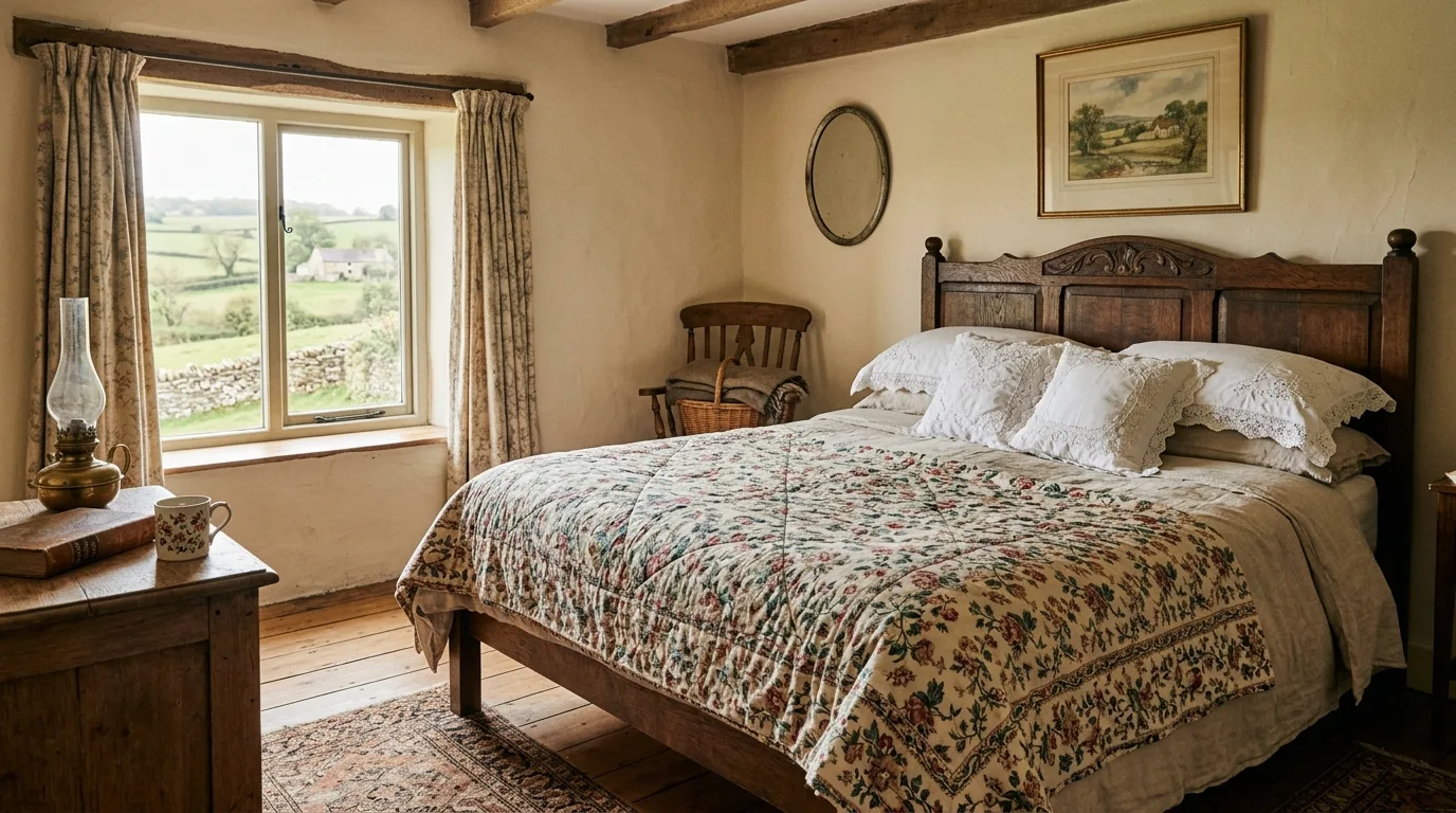 A cream and blue cottagecore bedroom with floral wallpaper porcelain lamp and quilt, no people