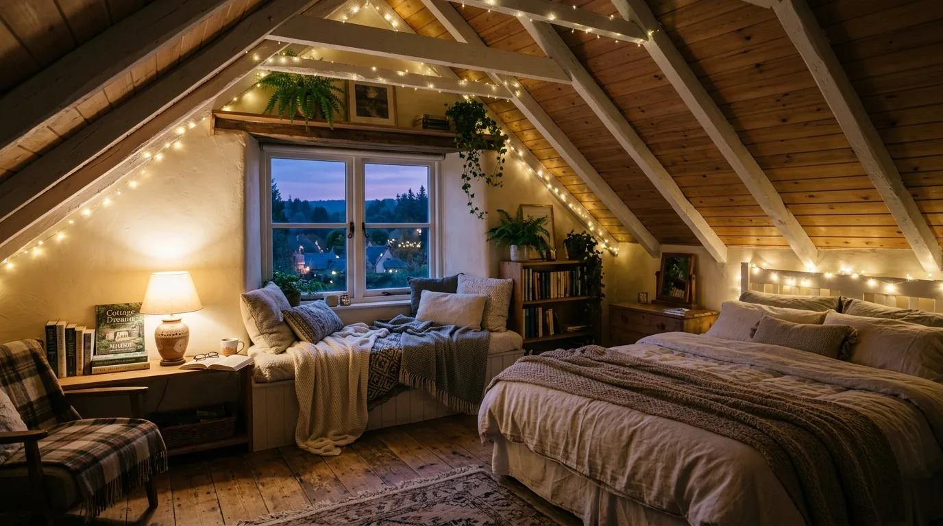 A dreamy cottagecore bedroom nook with tiny writing desk dried lavender and candlelight, no people