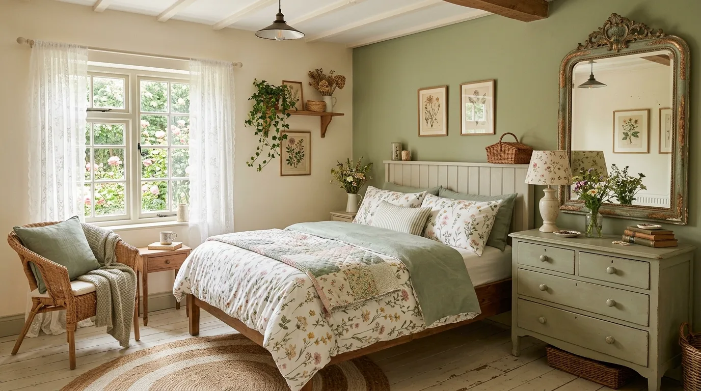 A dreamy cottagecore bedroom with wallpapered ceiling and floral bed skirt, no people