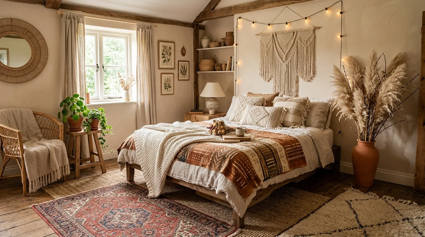 A neutral vintage cottagecore bedroom with pressed flower frames and crocheted throw, no people