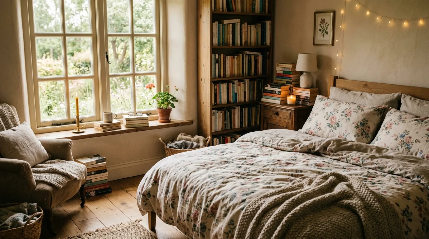 A shared cottagecore bedroom with twin iron beds floral wallpaper and wicker baskets, no people