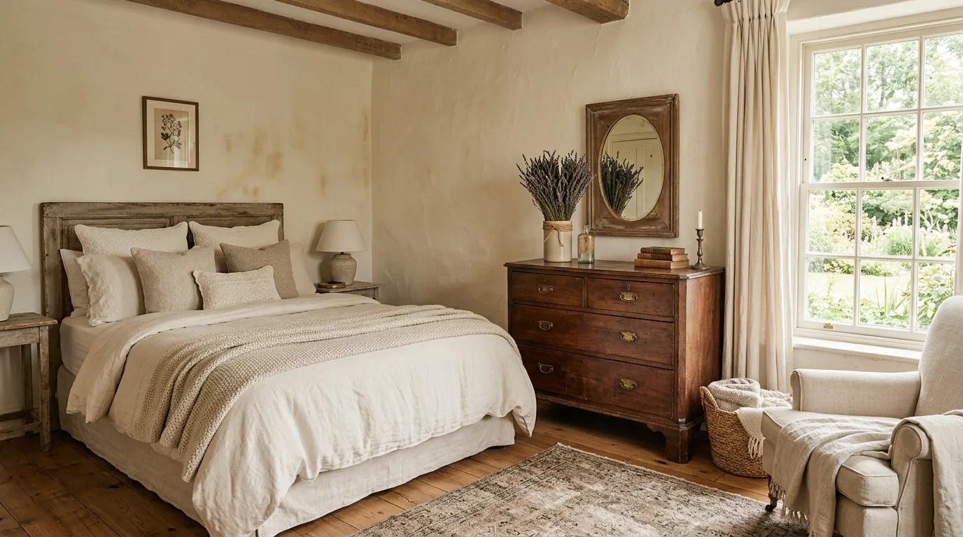 A moody cottagecore bedroom with burgundy bedding floral walls and antique brass, no people