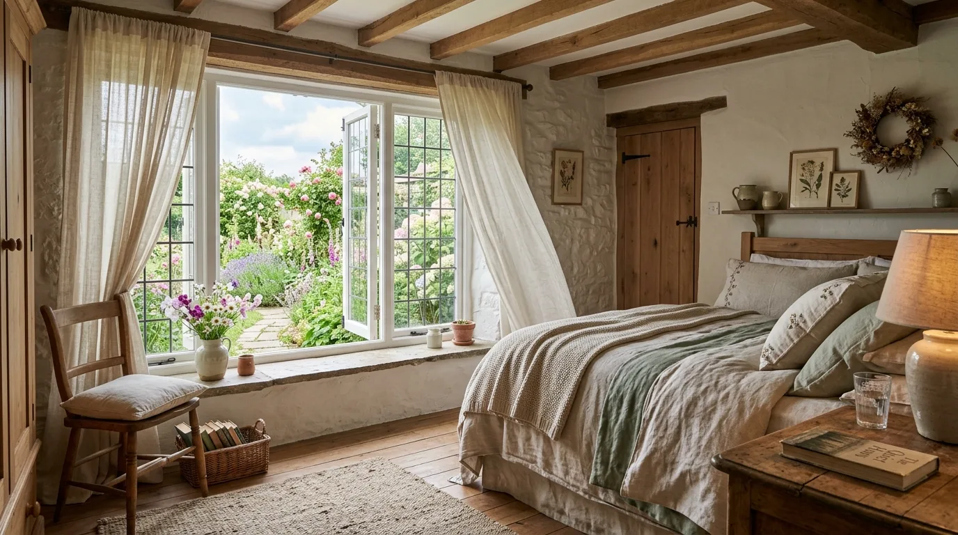 A sunny cottagecore bedroom with gingham accents painted wardrobe and garden stems, no people