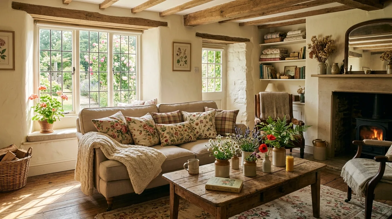 An inviting cottagecore living room with floral sofa stacked books lace curtains and lamp glow, no people