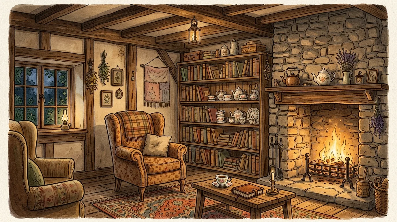 An inviting cottagecore living room with cream slipcovered chairs and knitting basket, no people