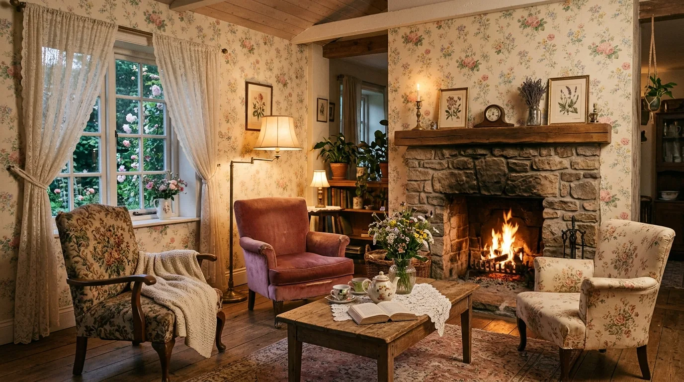 A cottagecore living room with stone fireplace wildflower art and layered vintage rugs, no people