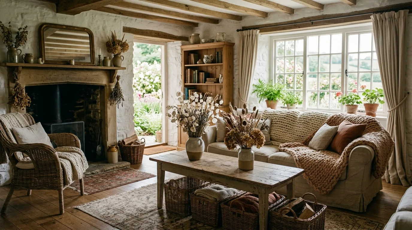 An inviting cottagecore living room with sage and blush tones scalloped lamp and painted side table, no people