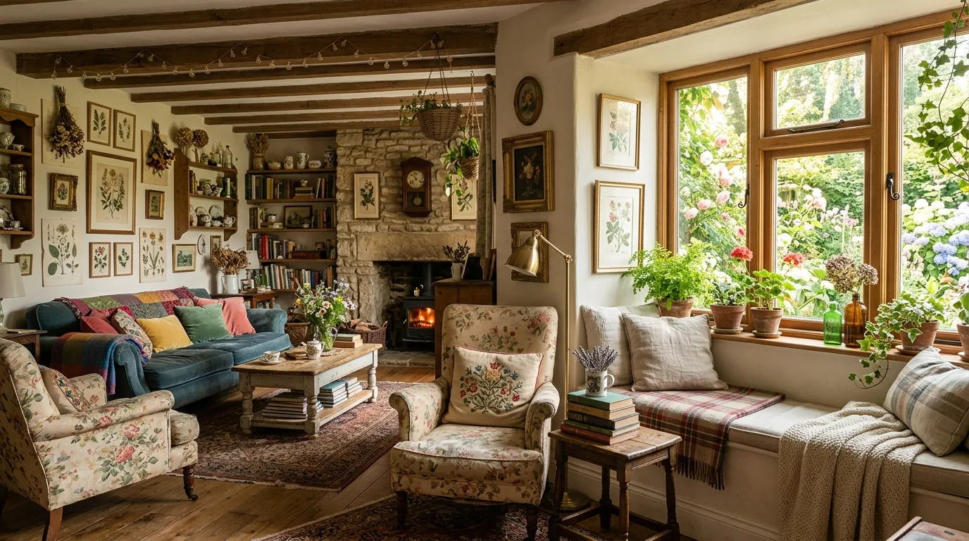 A cottagecore living room with window seat quilted cushions tea tray and garden view, no people