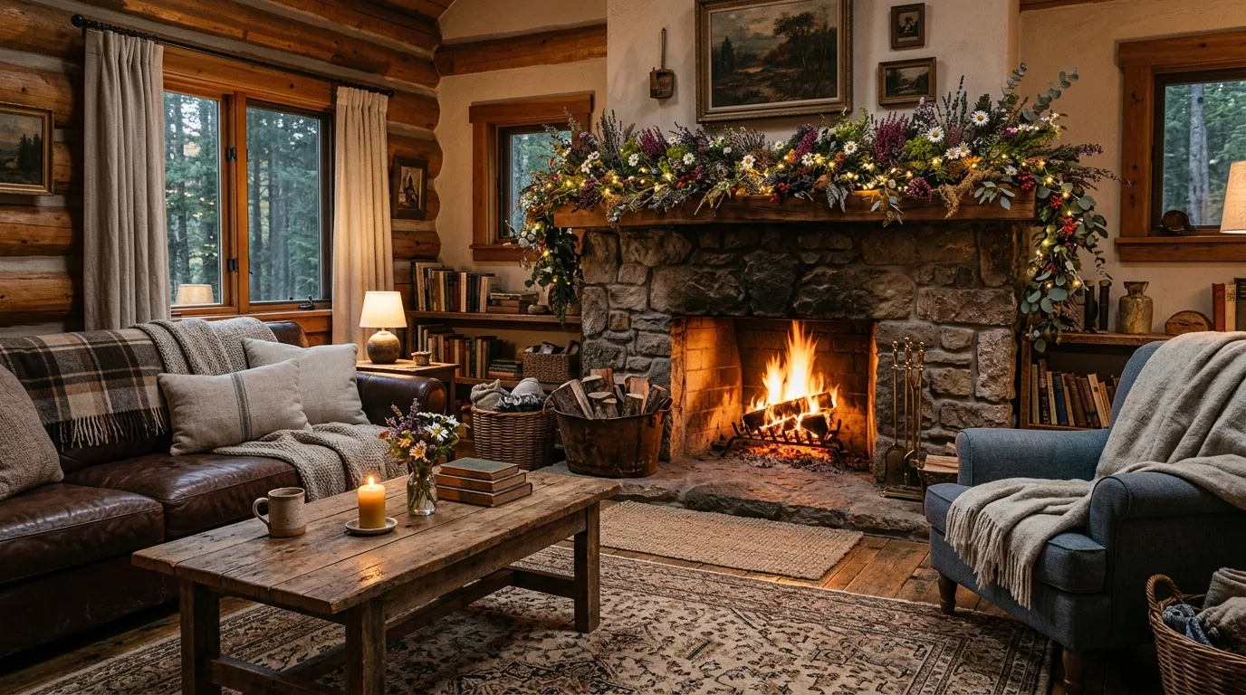 A moody green cottagecore living room with antique frames velvet accents and worn coffee table, no people