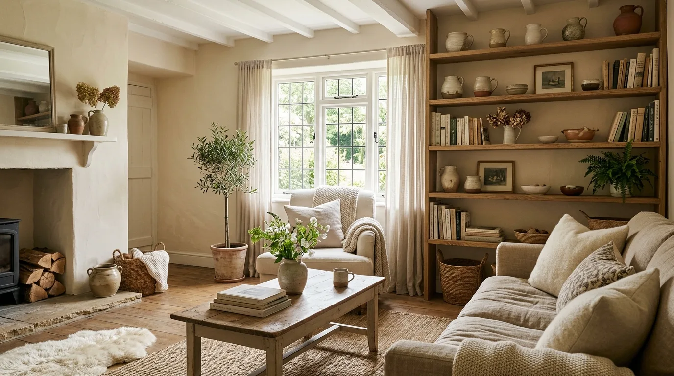 An inviting sunny cottagecore living room with rattan chair floral drapes and pottery, no people