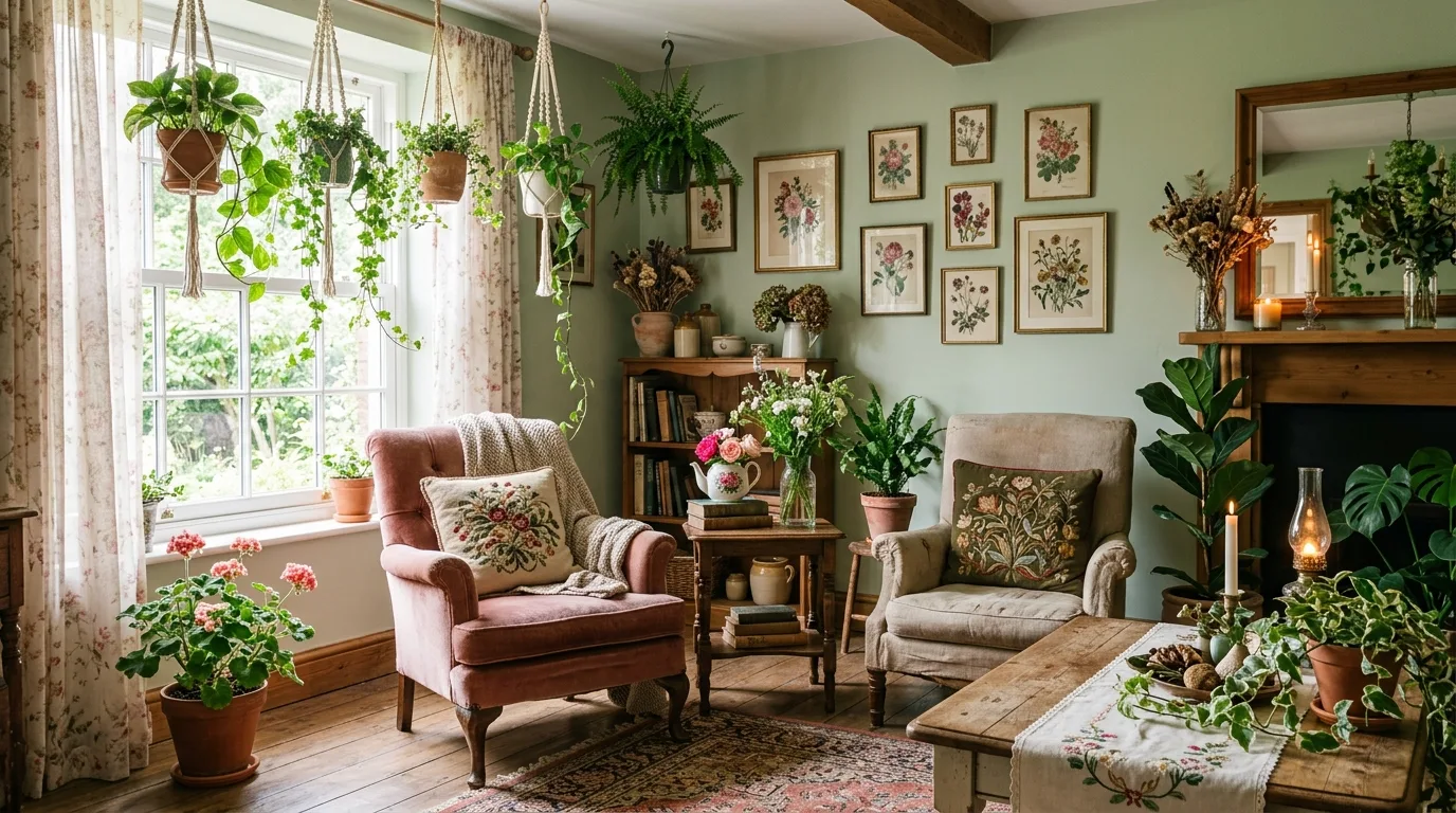 A library style cottagecore living room with plaid armchair botanical prints and candlelight, no people