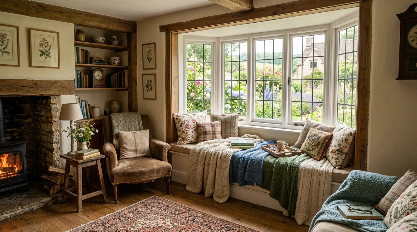 An inviting white paneled cottagecore living room with rose cushions wicker trunk and garland, no people