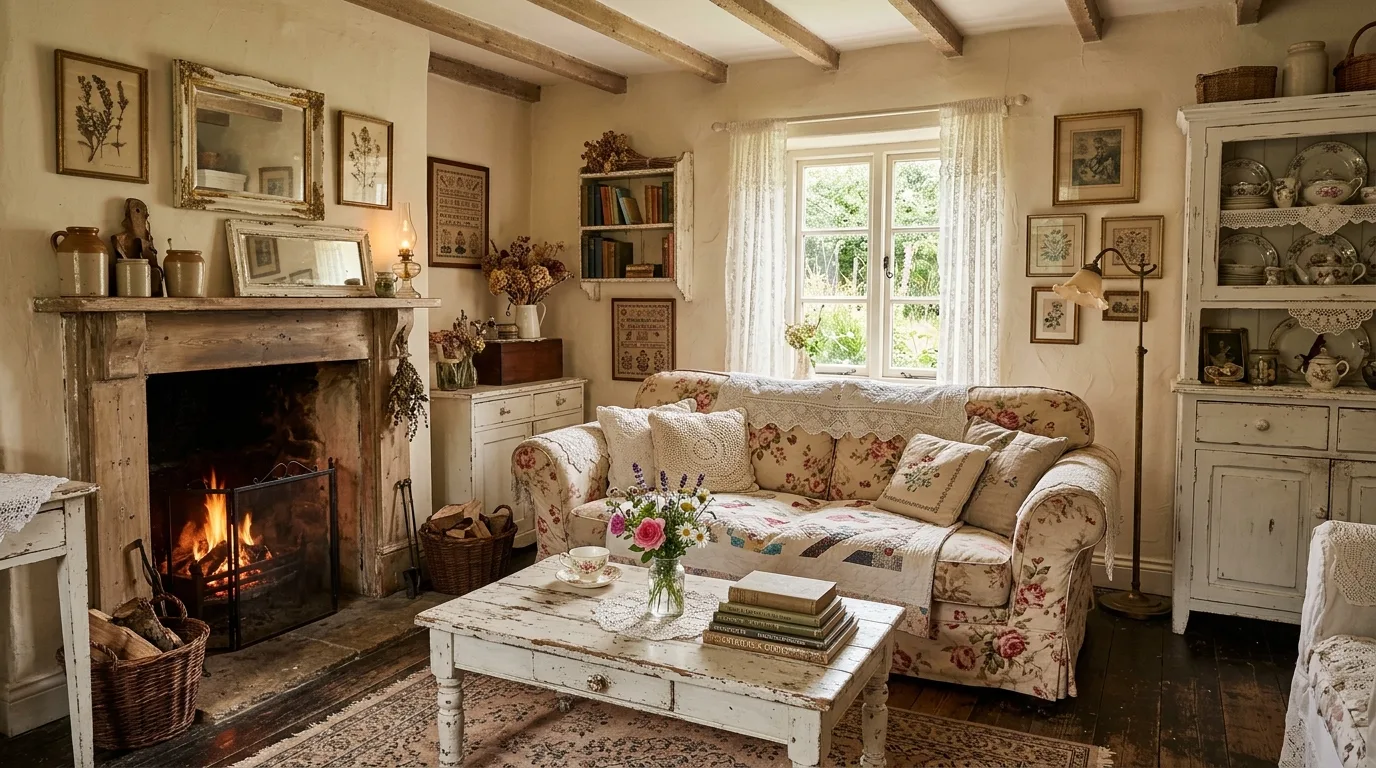 An inviting apartment cottagecore living room corner with lamp books and dried flowers, no people