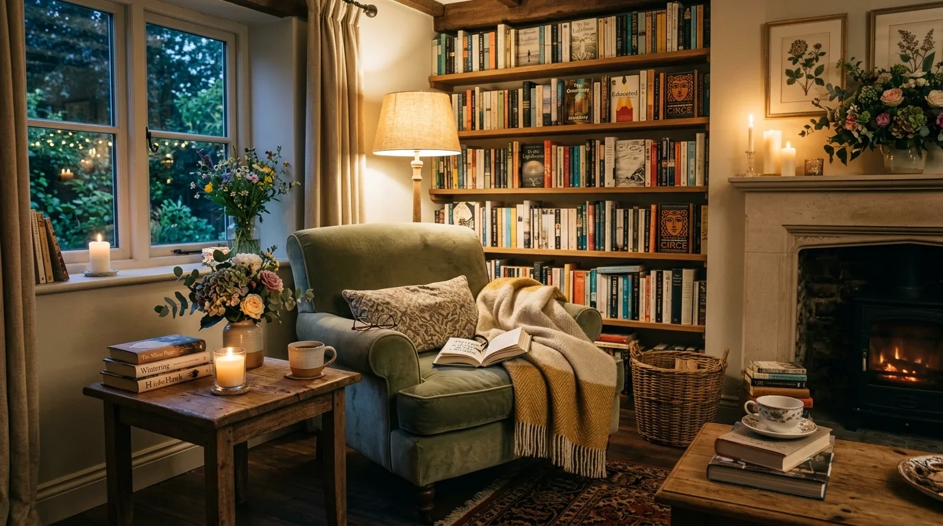A blue floral cottagecore living room with skirted table collected china and soft sofa, no people