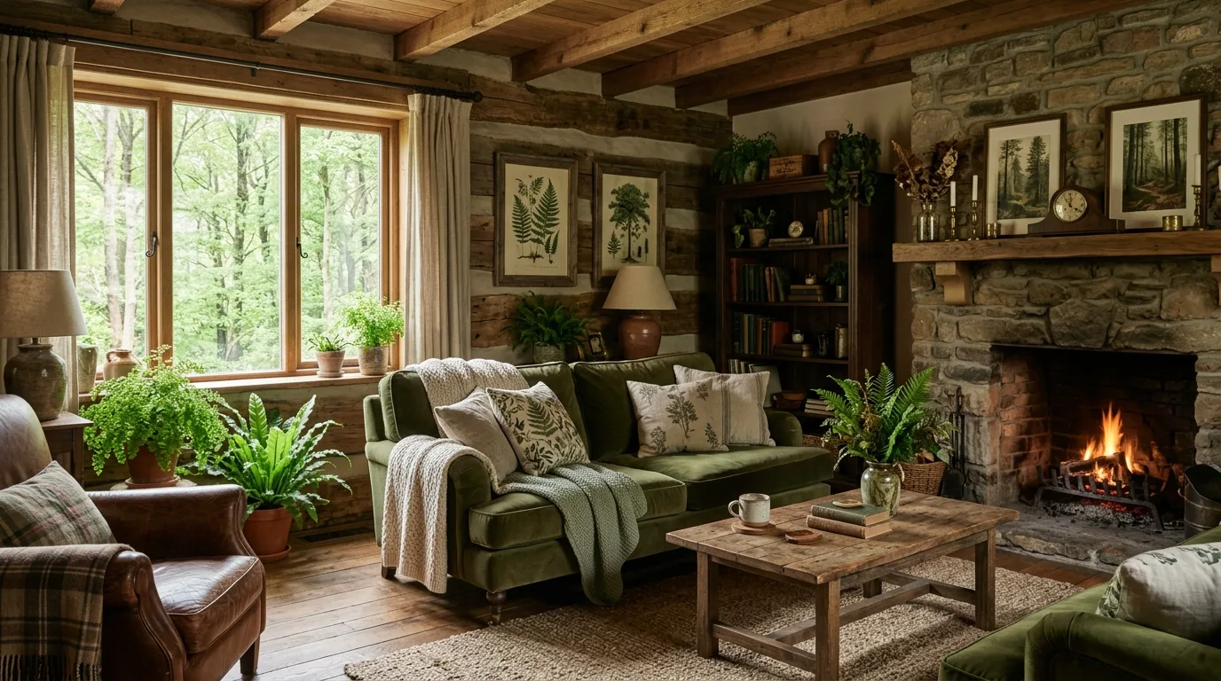 An inviting cottagecore living room with piano nook dried roses and landscape gallery wall, no people