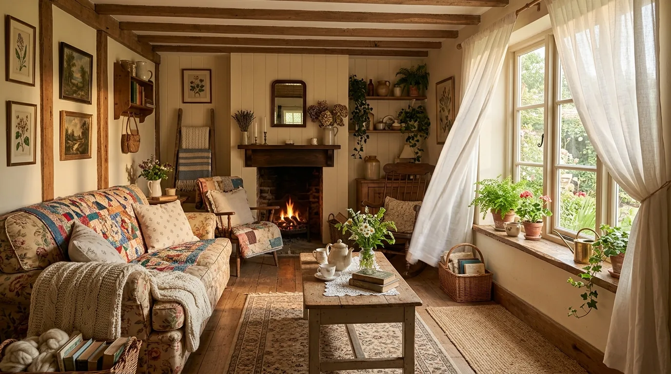 A soft neutral cottagecore living room with boucle upholstery wooden beams and reading basket, no people