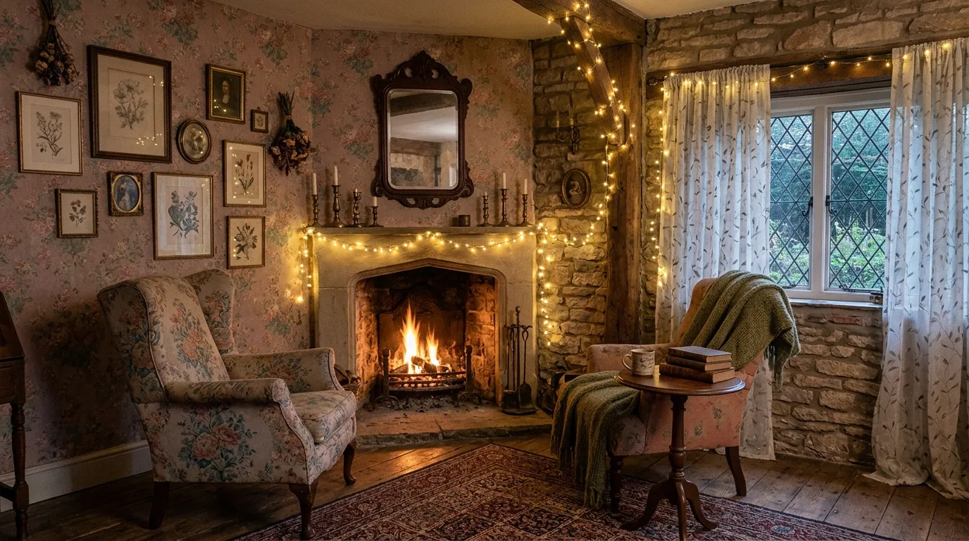 An inviting cottagecore living room with painted bookshelves patchwork pillows and tea cups, no people